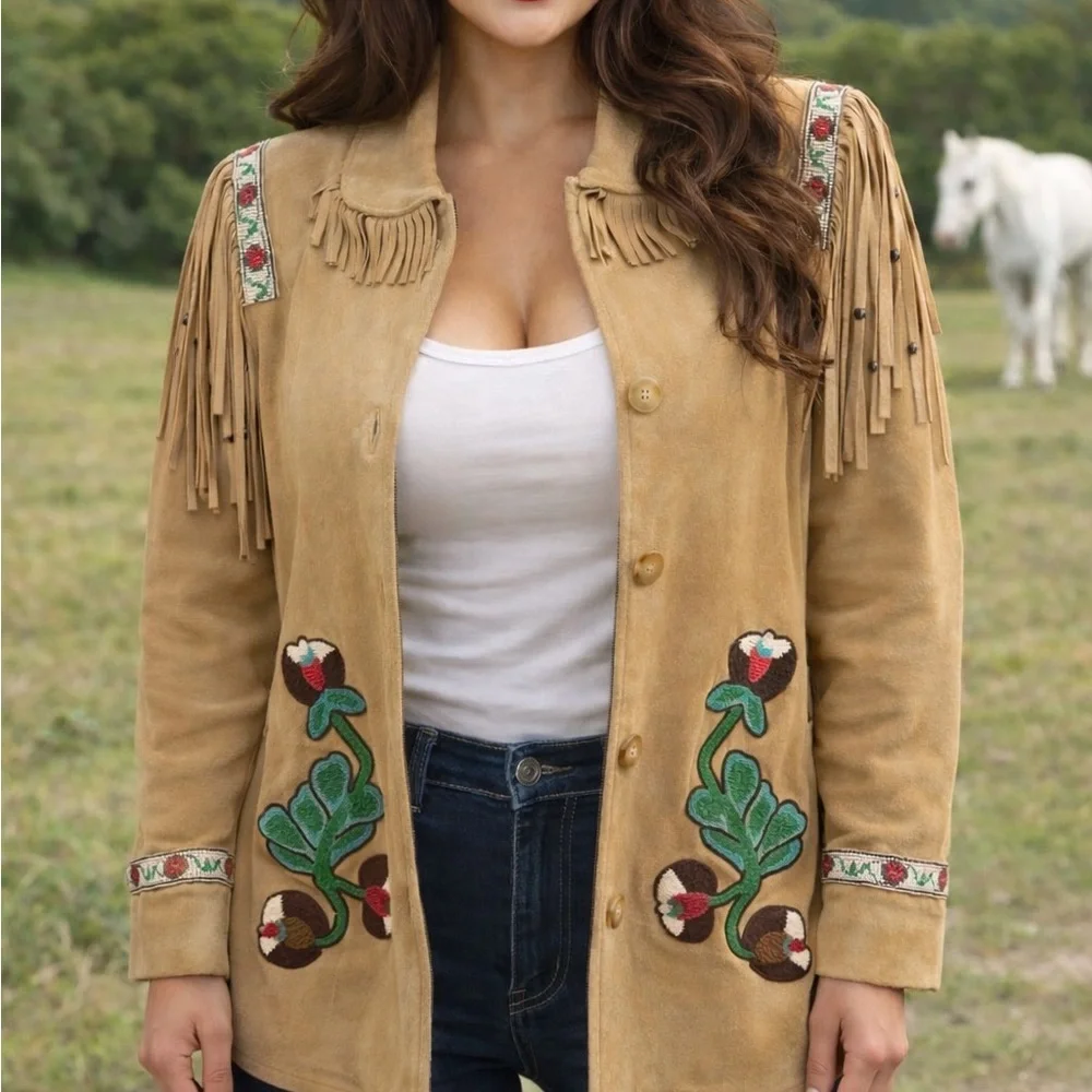 Double D Ranch vintage Beaded Fringe Suede Leather “Telling Stories” Jacket - Picture 5 of 16